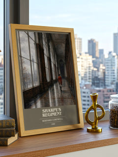 Sharpe's Regiment Book Cover Poster by Bernard Cornwell – framed print on a city-view windowsill