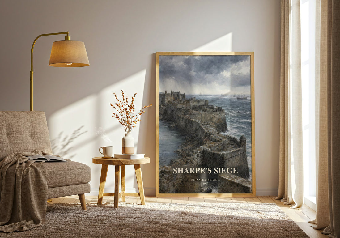Sharpe's Siege watercolour print in frame leaning in hallway – historical fiction wall art (mockup)