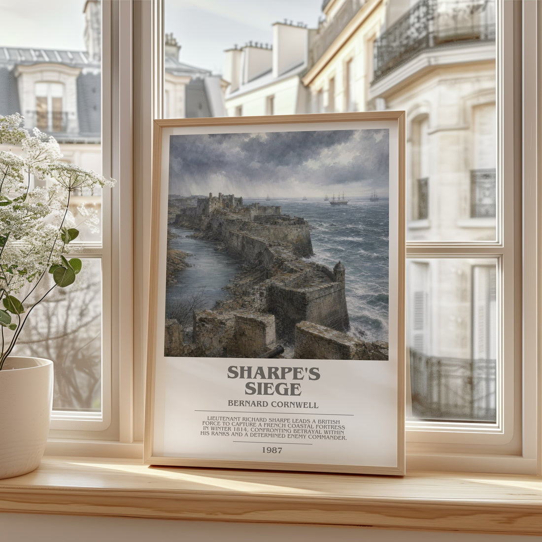 Sharpe's Siege Bookish Wall Art by Bernard Cornwell – framed print by a bright window