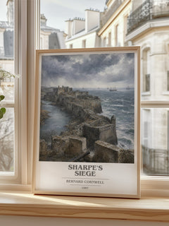 Sharpe's Siege Book Cover Poster by Bernard Cornwell – framed print by a bright window