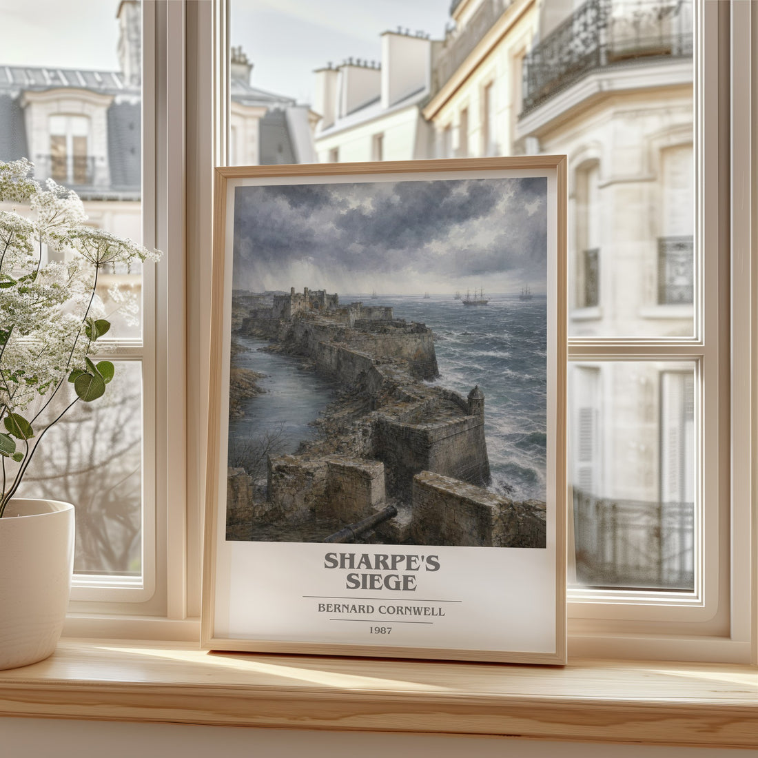 Sharpe's Siege Book Cover Poster by Bernard Cornwell – framed print by a bright window