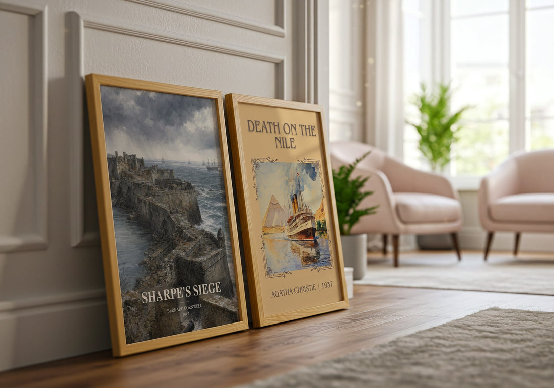 Sharpe's Siege watercolour print framed by window – literary home decor