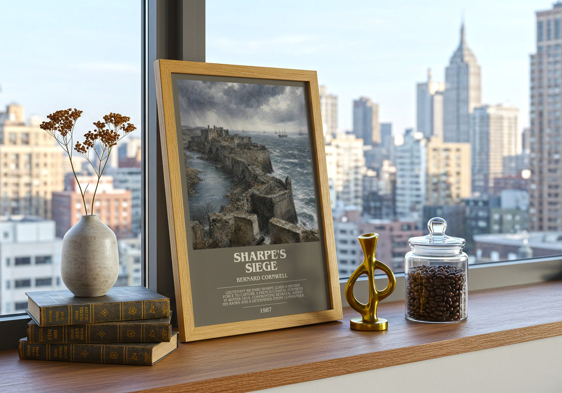 Sharpe's Siege Bookish Wall Art by Bernard Cornwell – framed print on a city-view windowsill
