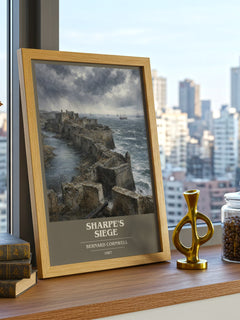 Sharpe's Siege Book Cover Poster by Bernard Cornwell – framed print on a city-view windowsill