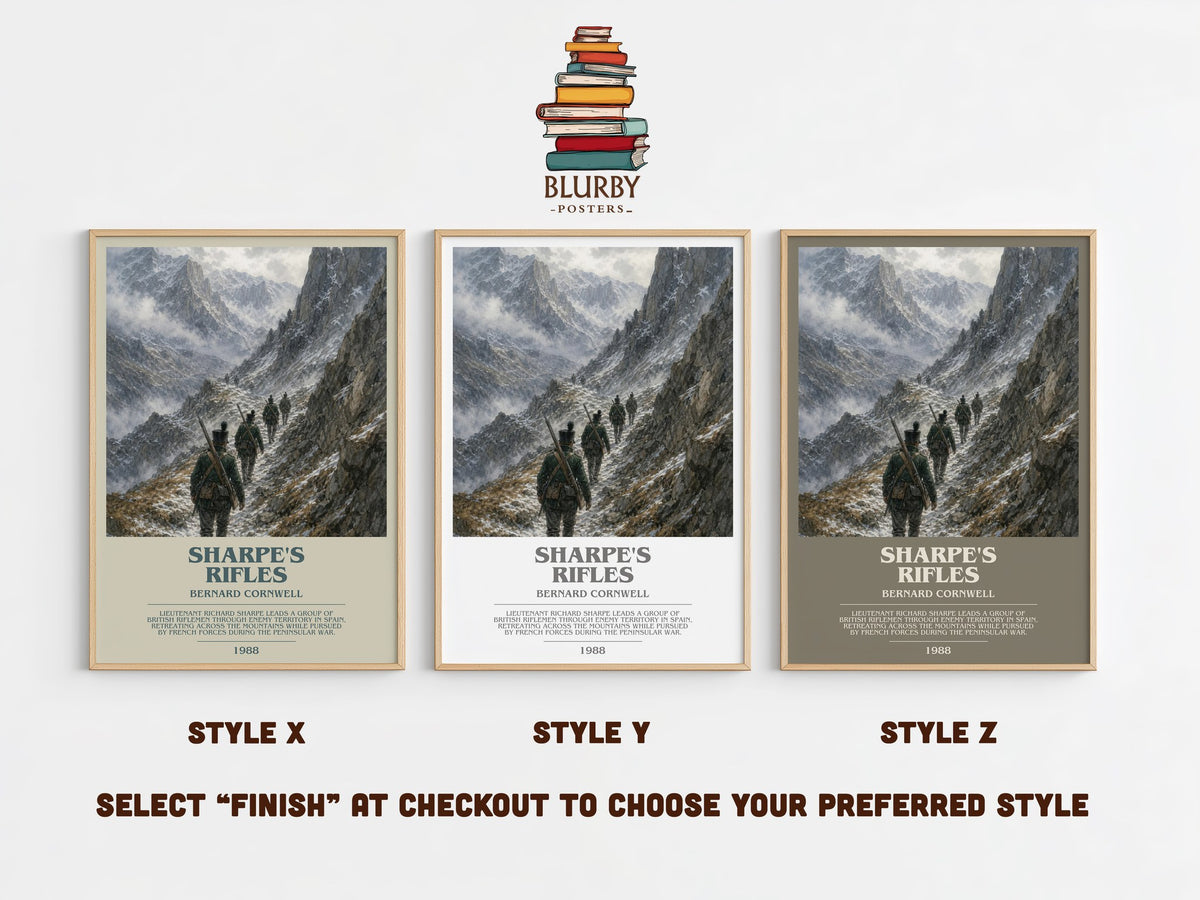 Sharpe's Rifles bookish print in frame leaning in hallway – historical fiction wall art (mockup)