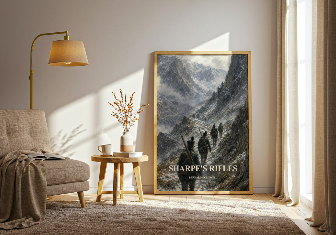 Sharpe's Rifles watercolour print in frame leaning in hallway – historical fiction wall art (mockup)