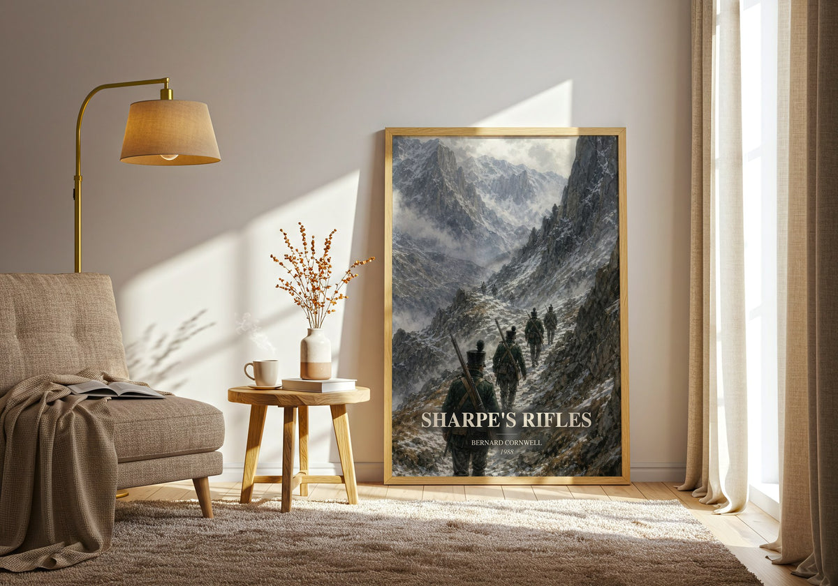 Sharpe's Rifles watercolour print in frame leaning in hallway – historical fiction wall art (mockup)