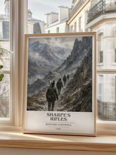 Sharpe's Rifles Book Cover Poster by Bernard Cornwell – framed print by a bright window