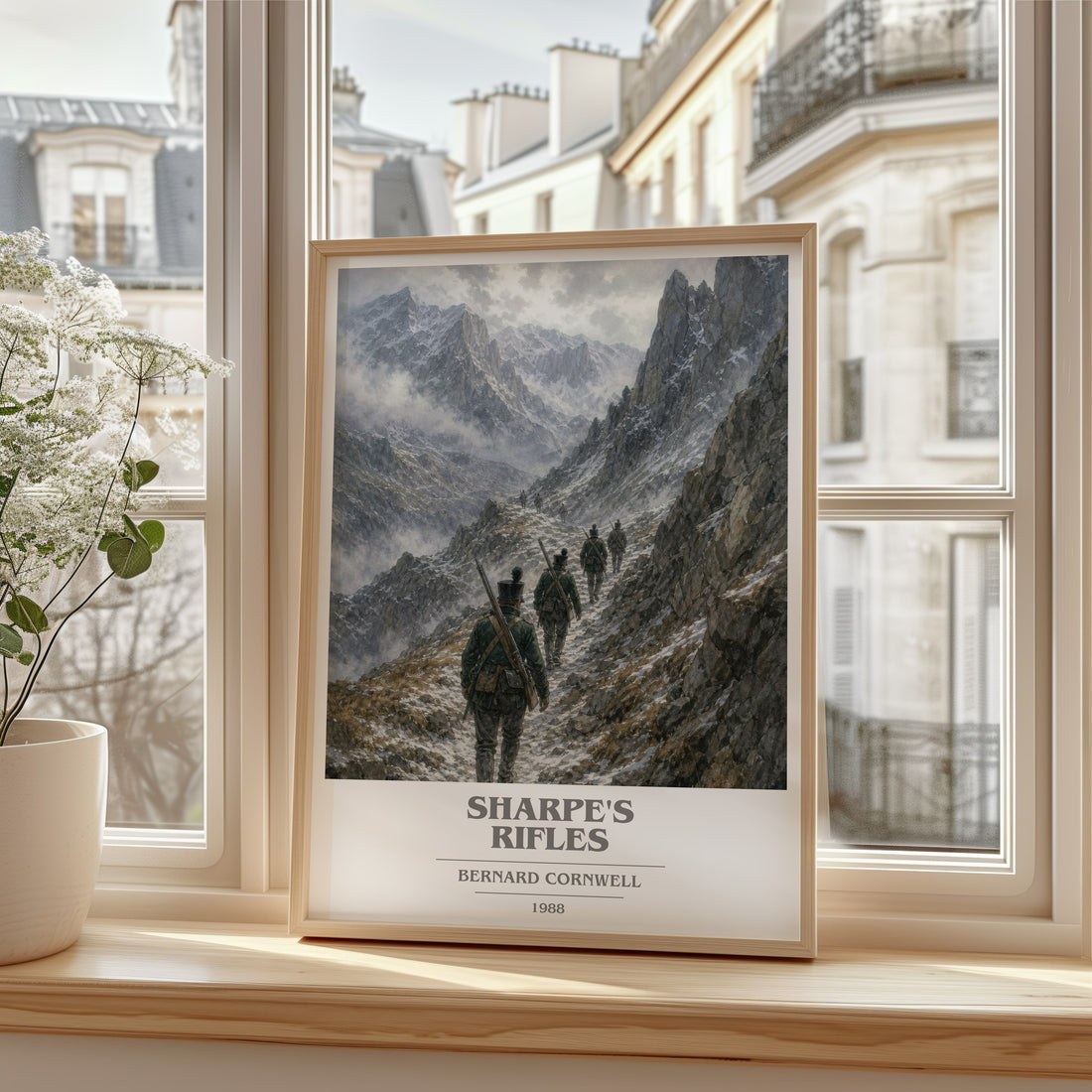 Sharpe's Rifles Book Cover Poster by Bernard Cornwell – framed print by a bright window