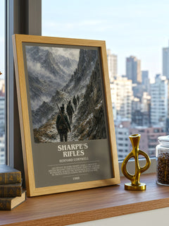Sharpe's Rifles Bookish Wall Art by Bernard Cornwell – framed print on a city-view windowsill