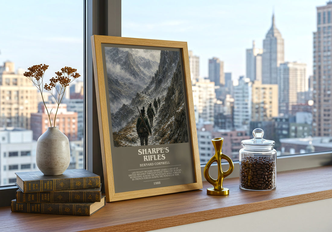 Sharpe's Rifles Bookish Wall Art by Bernard Cornwell – framed print on a city-view windowsill
