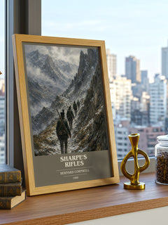 Sharpe's Rifles Book Cover Poster by Bernard Cornwell – framed print on a city-view windowsill