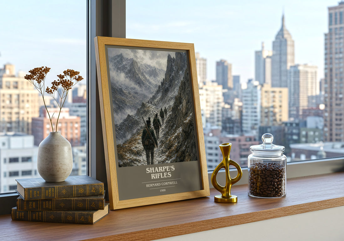 Sharpe's Rifles Book Cover Poster by Bernard Cornwell – framed print on a city-view windowsill