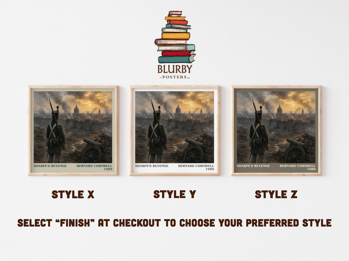 Sharpe's Revenge literary print in frame leaning in hallway – historical fiction wall art (mockup)