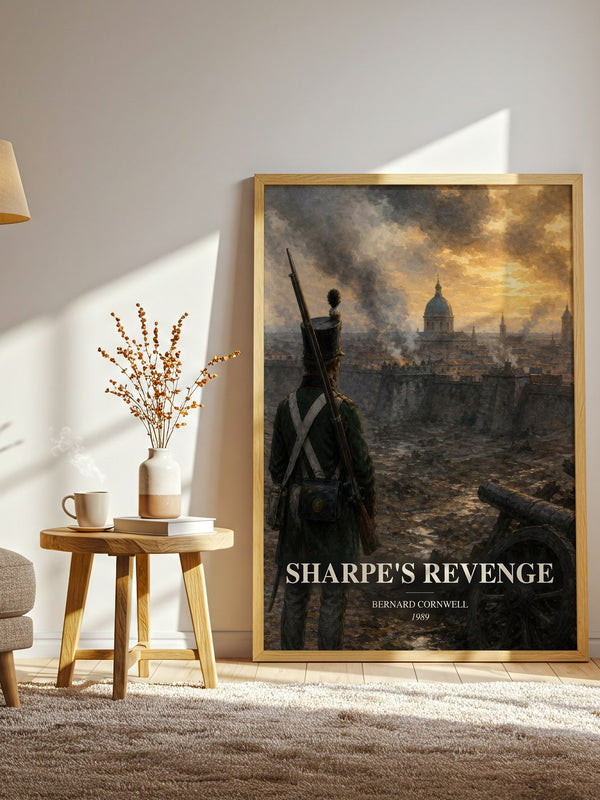 Sharpe's Revenge watercolour print in frame leaning in hallway – historical fiction wall art