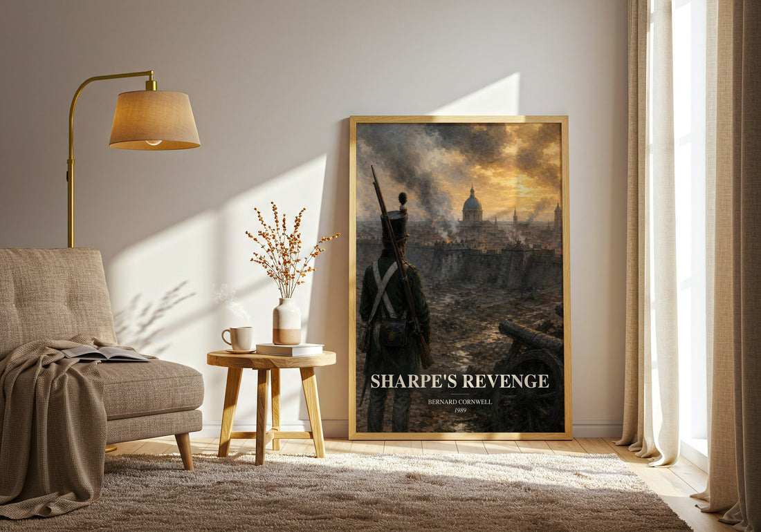 Sharpe's Revenge watercolour print in frame leaning in hallway – historical fiction wall art (mockup)