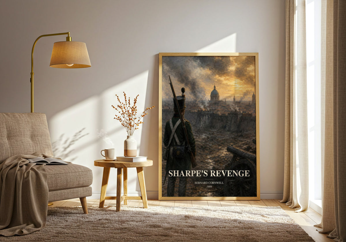 Sharpe's Revenge watercolour print in frame leaning in hallway – historical fiction wall art (mockup)