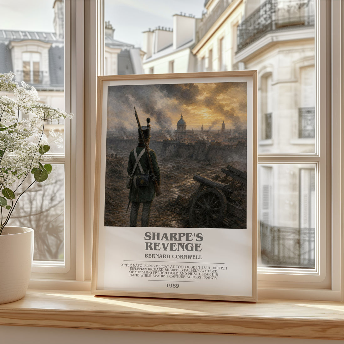 Sharpe's Revenge Bookish Wall Art by Bernard Cornwell – framed print by a bright window