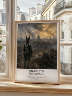 Sharpe's Revenge Book Cover Poster by Bernard Cornwell – framed print by a bright window