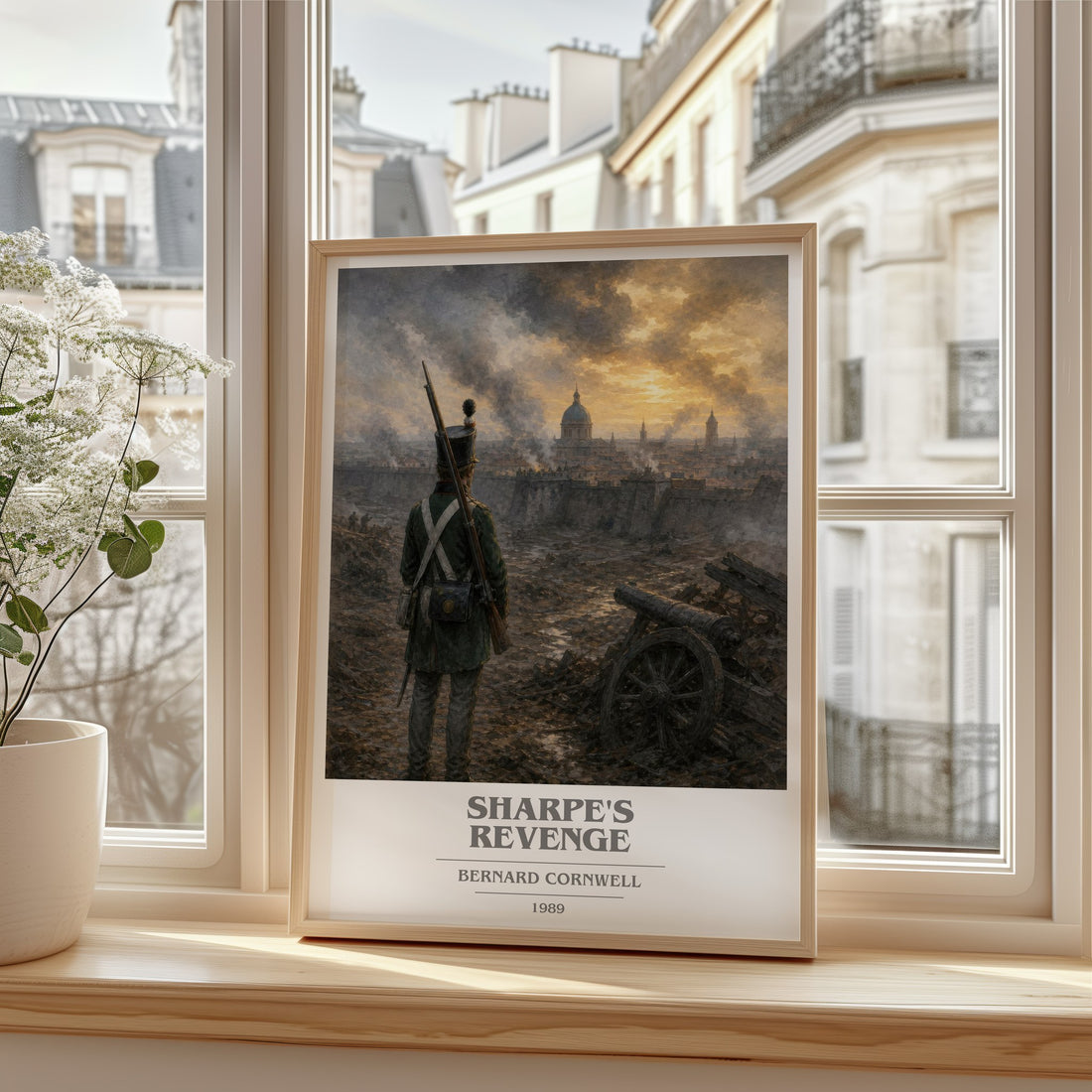 Sharpe's Revenge Book Cover Poster by Bernard Cornwell – framed print by a bright window
