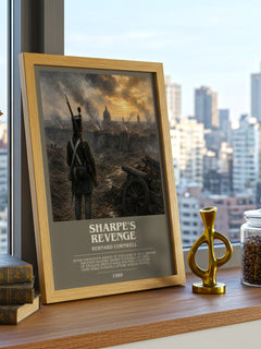 Sharpe's Revenge Bookish Wall Art by Bernard Cornwell – framed print on a city-view windowsill