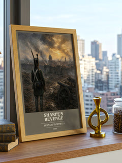 Sharpe's Revenge Book Cover Poster by Bernard Cornwell – framed print on a city-view windowsill
