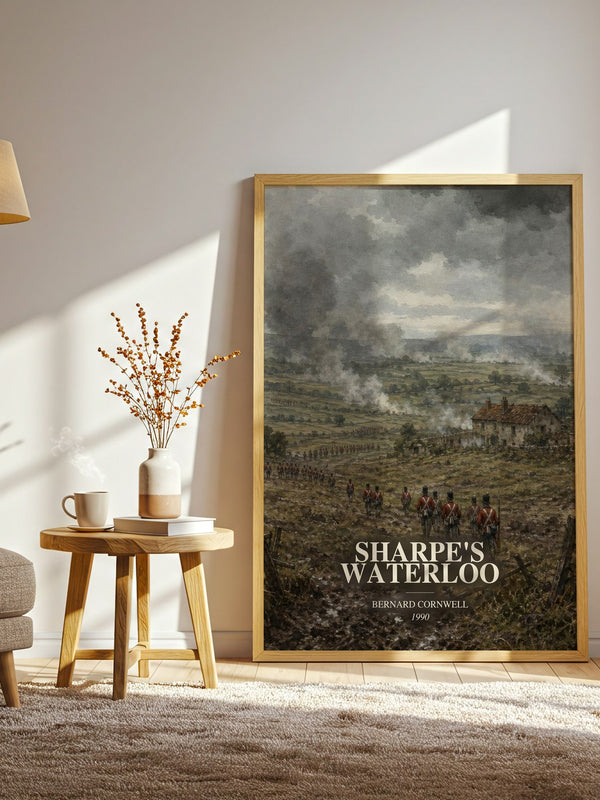 Sharpe's Waterloo watercolour print in frame leaning in hallway – historical fiction wall art