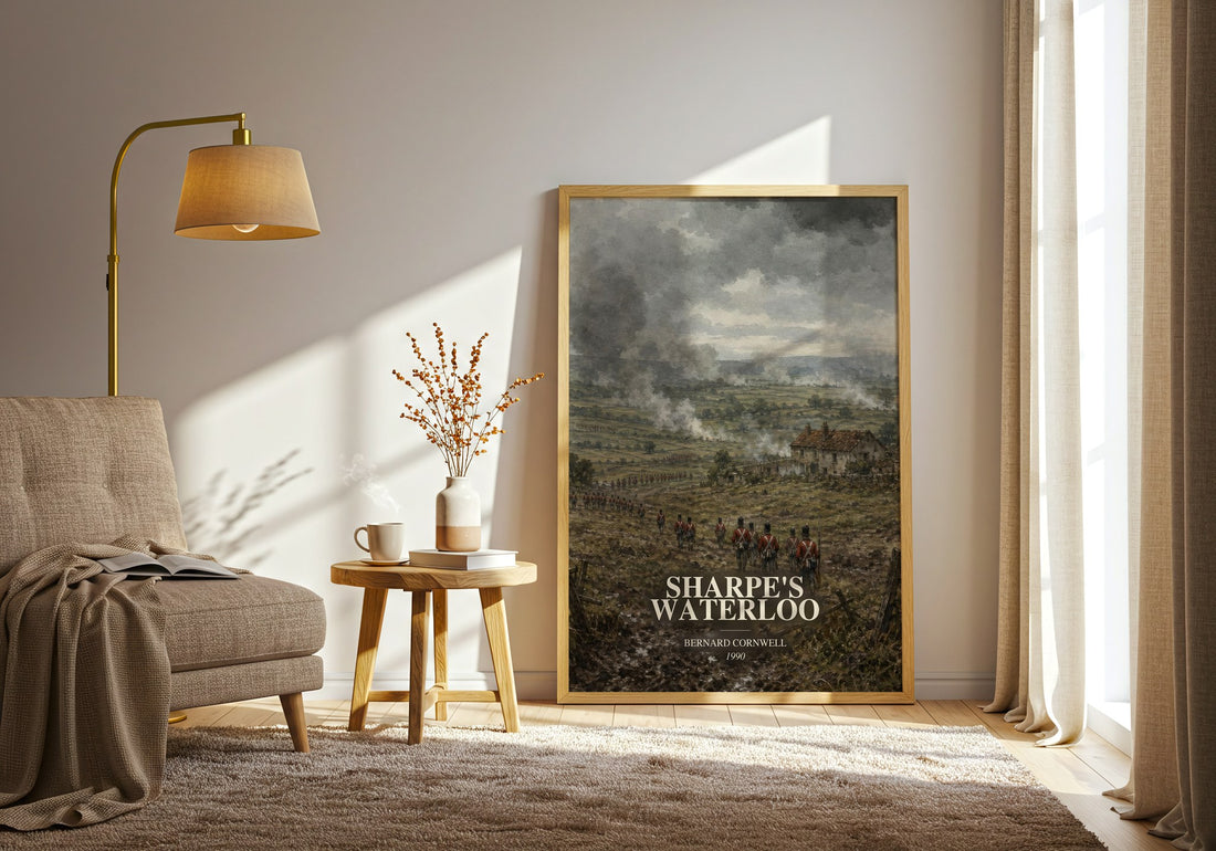 Sharpe's Waterloo watercolour print in frame leaning in hallway – historical fiction wall art (mockup)