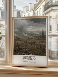 Sharpe's Waterloo Book Cover Poster by Bernard Cornwell – framed print by a bright window