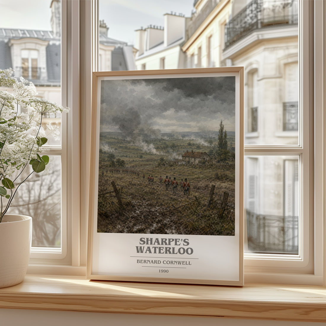 Sharpe's Waterloo Book Cover Poster by Bernard Cornwell – framed print by a bright window