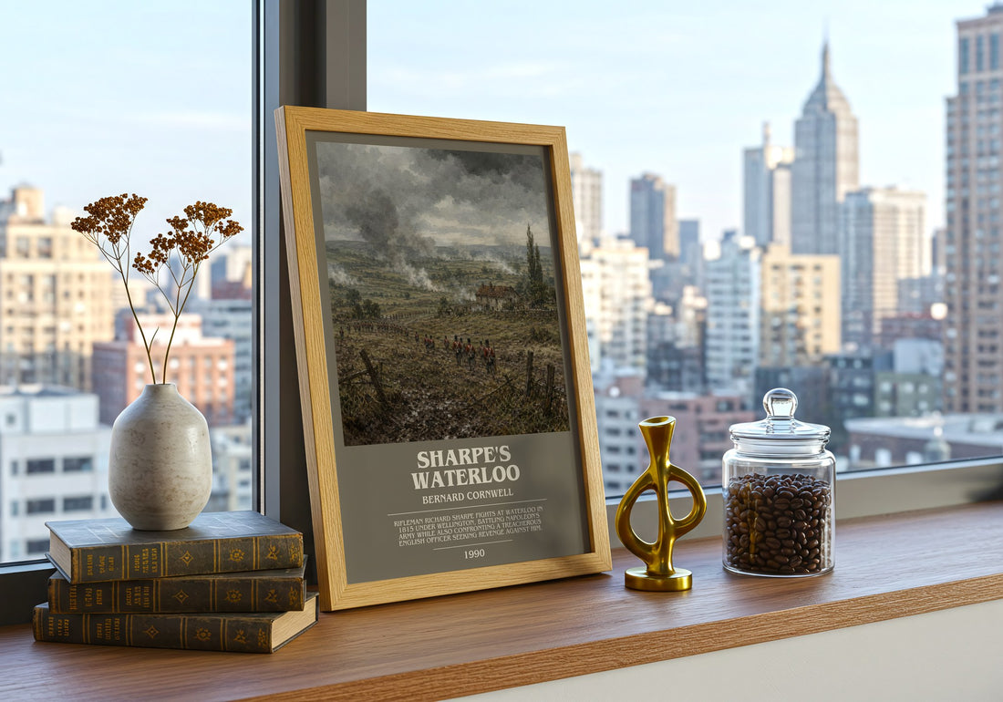 Sharpe's Waterloo Bookish Wall Art by Bernard Cornwell – framed print on a city-view windowsill
