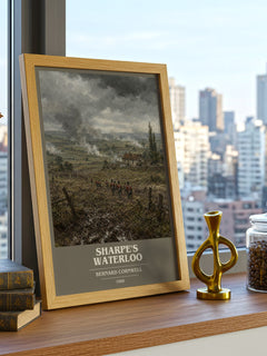 Sharpe's Waterloo Book Cover Poster by Bernard Cornwell – framed print on a city-view windowsill