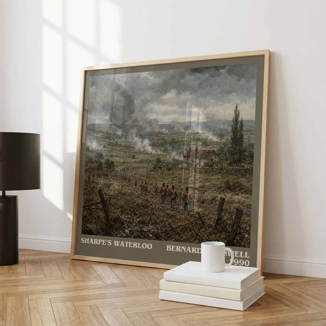 Sharpe's Waterloo Literary Art Print by Bernard Cornwell – large square framed print leaning against a wall
