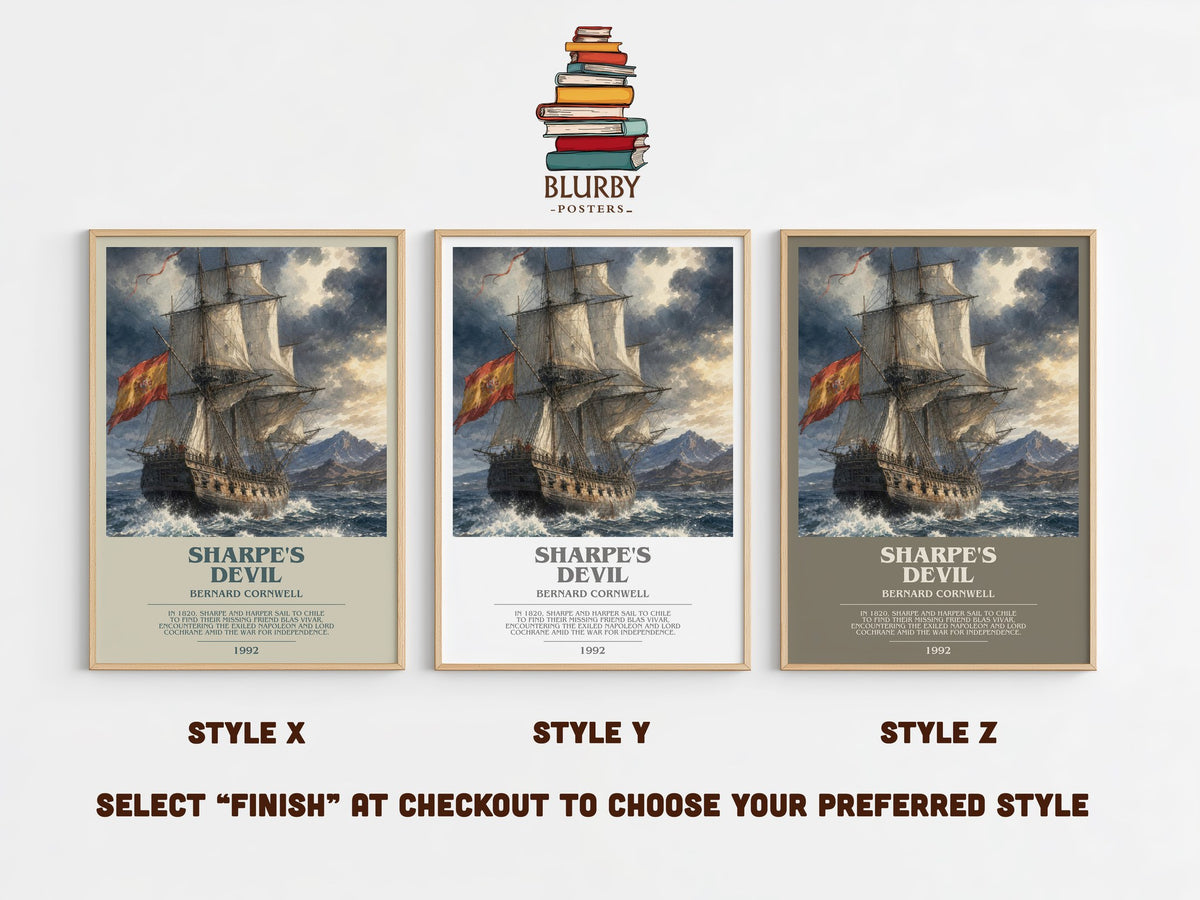 Sharpe's Devil bookish print in frame leaning in hallway – historical fiction wall art (mockup)