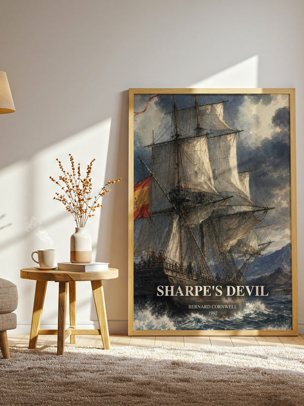Sharpe's Devil watercolour print in frame leaning in hallway – historical fiction wall art