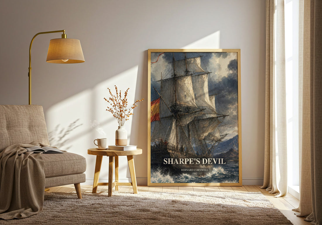 Sharpe's Devil watercolour print in frame leaning in hallway – historical fiction wall art (mockup)