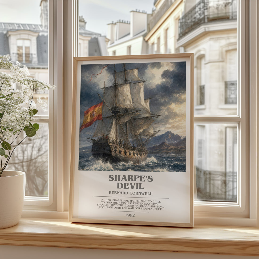 Sharpe's Devil Bookish Wall Art by Bernard Cornwell – framed print by a bright window