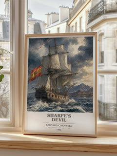 Sharpe's Devil Book Cover Poster by Bernard Cornwell – framed print by a bright window