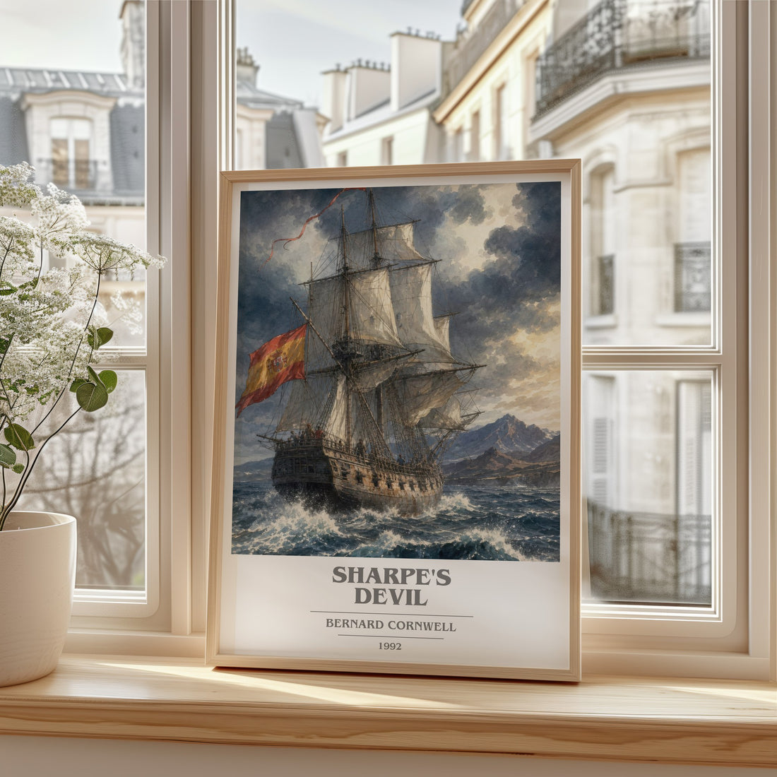 Sharpe's Devil Book Cover Poster by Bernard Cornwell – framed print by a bright window