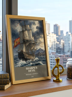 Sharpe's Devil Book Cover Poster by Bernard Cornwell – framed print on a city-view windowsill