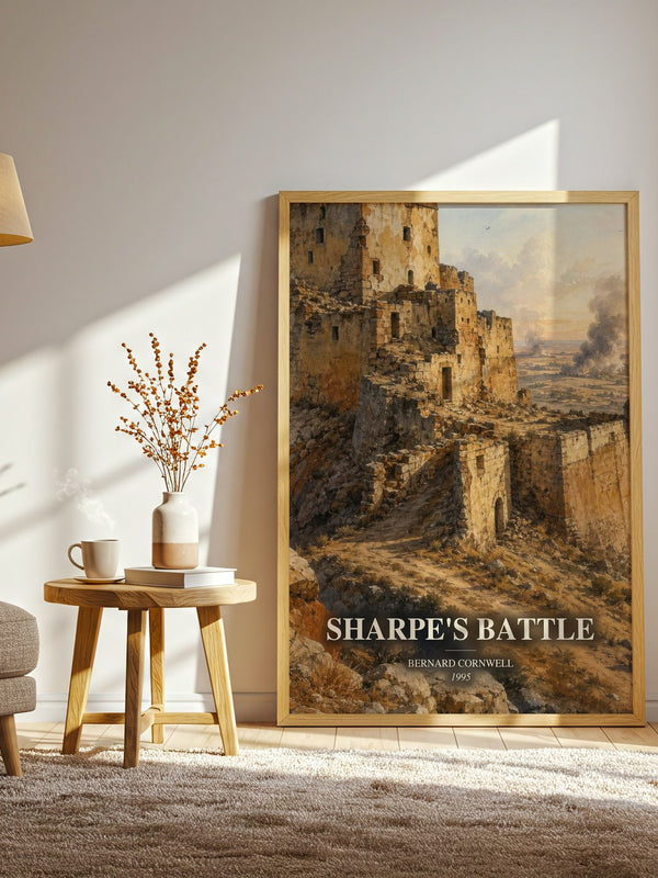 Sharpe's Battle watercolour print in frame leaning in hallway – historical fiction wall art