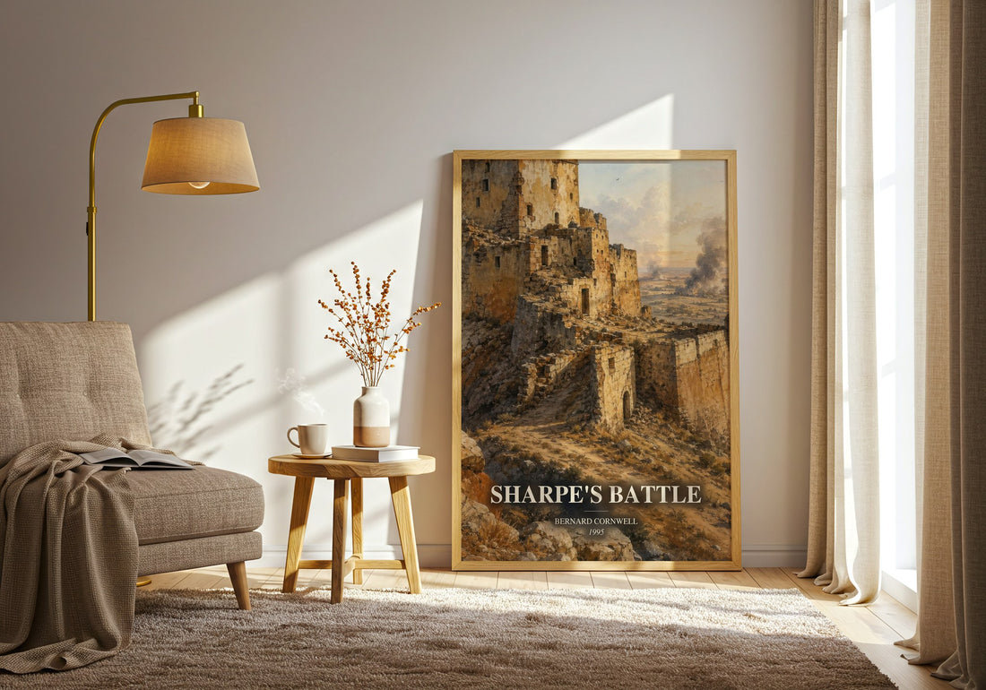 Sharpe's Battle watercolour print in frame leaning in hallway – historical fiction wall art (mockup)
