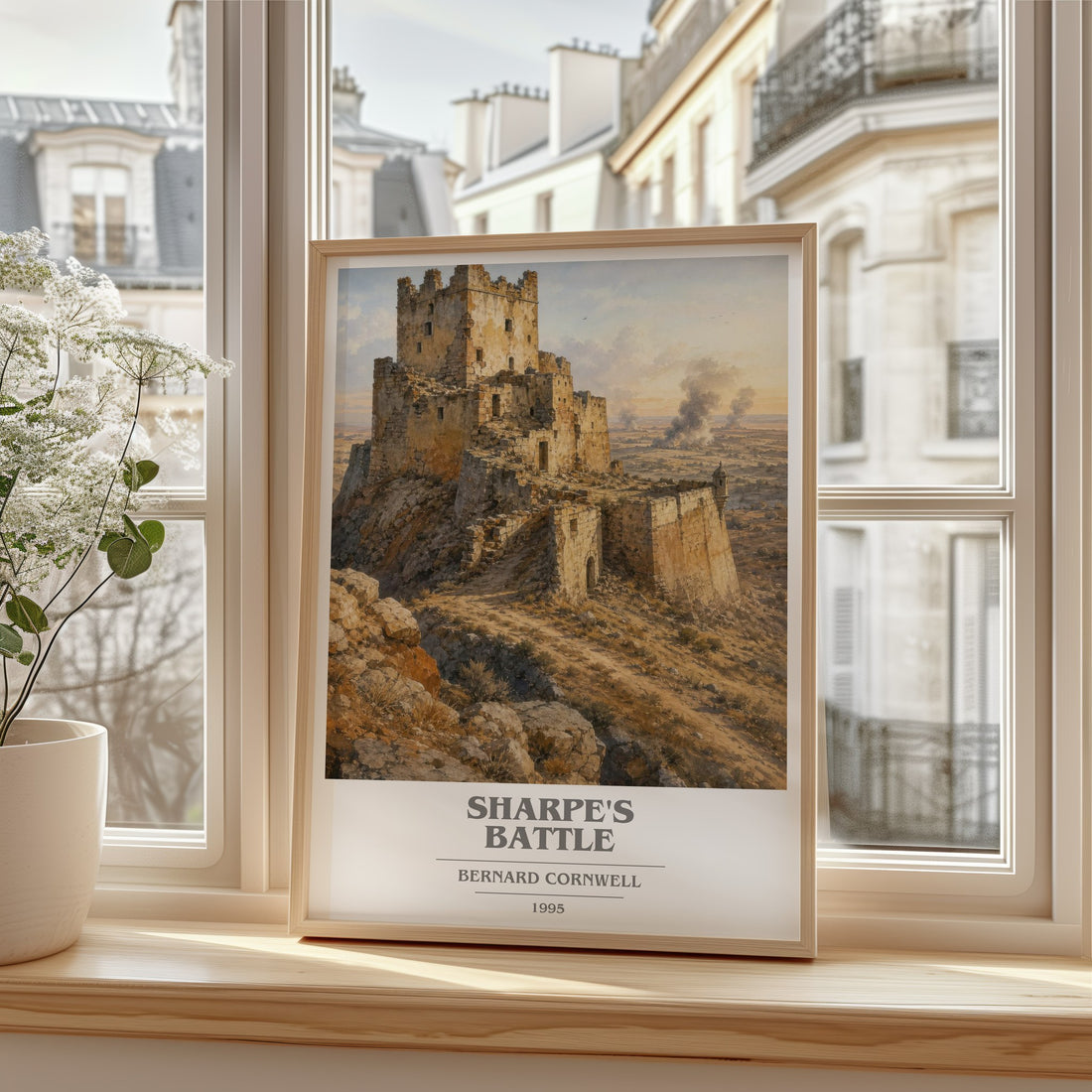 Sharpe's Battle Book Cover Poster by Bernard Cornwell – framed print by a bright window