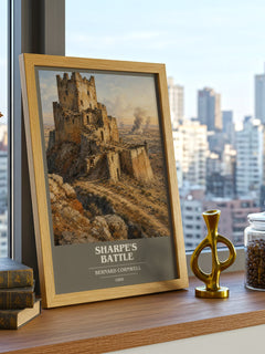 Sharpe's Battle Book Cover Poster by Bernard Cornwell – framed print on a city-view windowsill