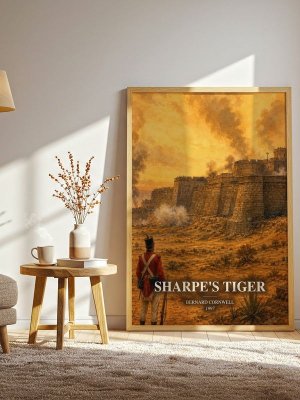 Sharpe's Tiger watercolour print in frame leaning in hallway – historical fiction wall art