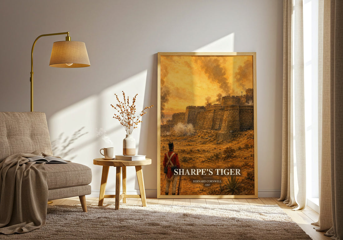 Sharpe's Tiger watercolour print in frame leaning in hallway – historical fiction wall art (mockup)
