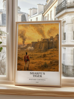 Sharpe's Tiger Book Cover Poster by Bernard Cornwell – framed print by a bright window