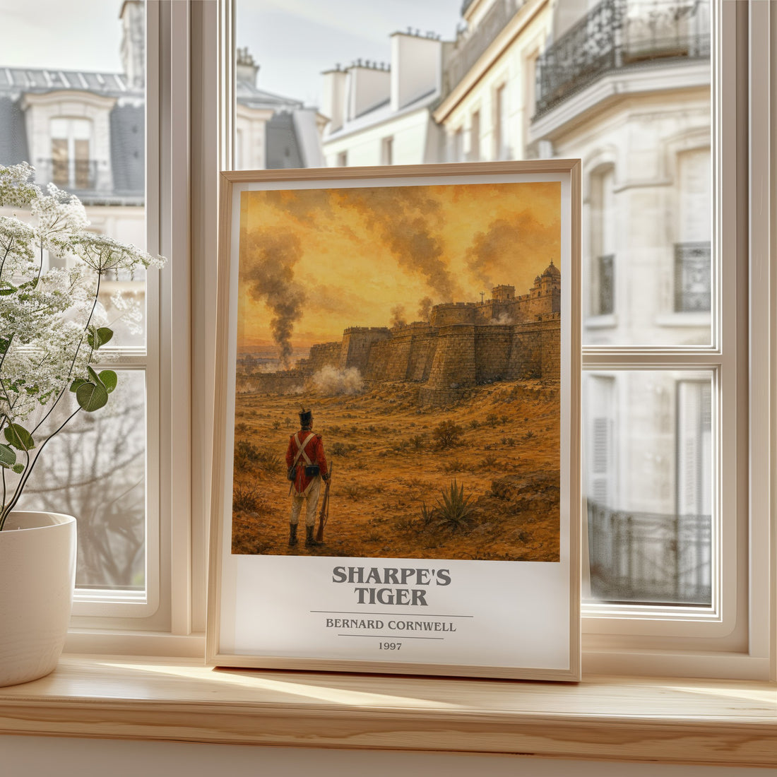 Sharpe's Tiger Book Cover Poster by Bernard Cornwell – framed print by a bright window