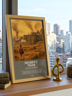 Sharpe's Tiger Bookish Wall Art by Bernard Cornwell – framed print on a city-view windowsill