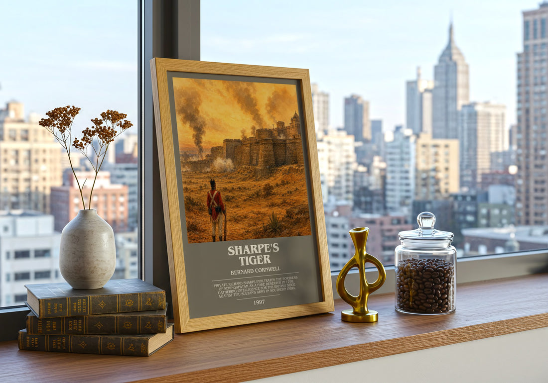Sharpe's Tiger Bookish Wall Art by Bernard Cornwell – framed print on a city-view windowsill